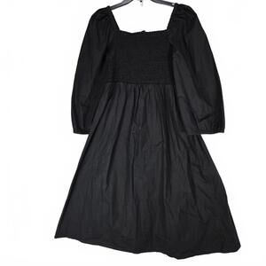 J. Crew Re-Imagined Black Smocked Cotton Puff Sleeve Midi Dress Small Cottage